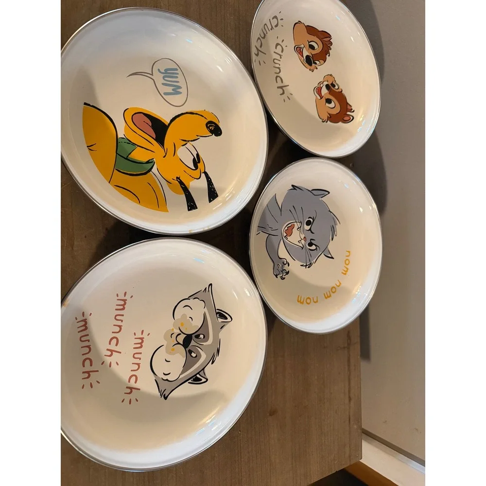 Disney Parks Enamel Plate Set Pluto Chip n Dale Meeko Lucifer Speckleware‎ 4pc